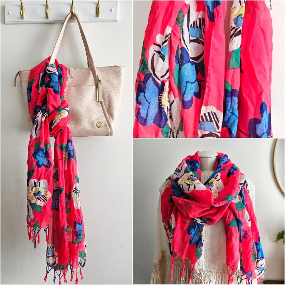 Aerie Floral Vibrant Multicolored Fringed Lightweight Scarf All Over Print